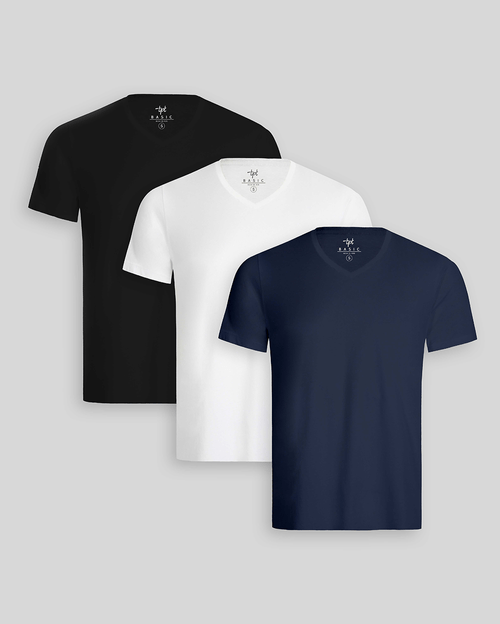 Pack de 3 polos Hombre Cuello V Blanco / Negro / Azul Oxford