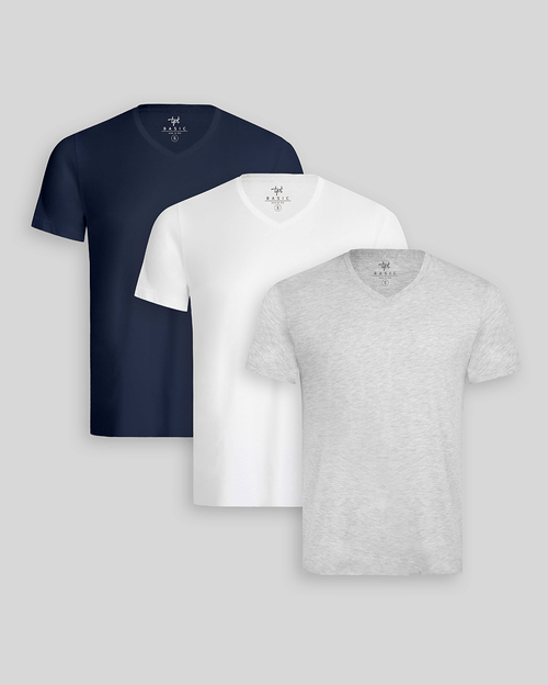 Pack de 3 polos Hombre Cuello V Blanco / Gris Poly / Azul Oxford