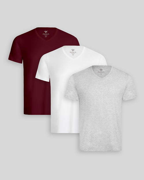 Pack de 3 polos Hombre Cuello V Blanco / Gris Poly / Guinda Sombra