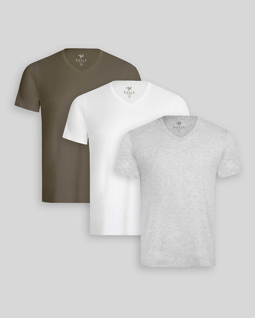 Pack de 3 polos Hombre Cuello V Blanco / Gris Poly / Verde Militar