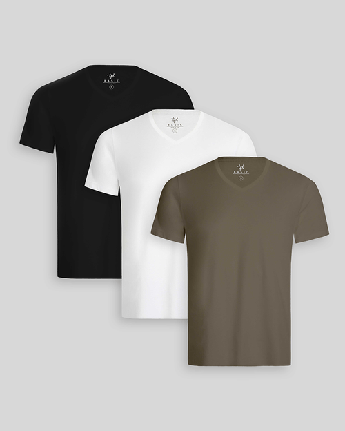 Pack de 3 polos Hombre Cuello V Blanco / Negro / Verde Militar