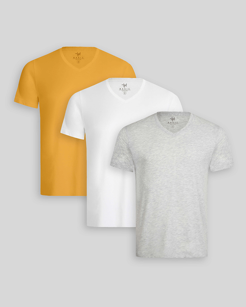 Pack de 3 polos Hombre Cuello V Blanco / Gris Poly / Mostaza Golden