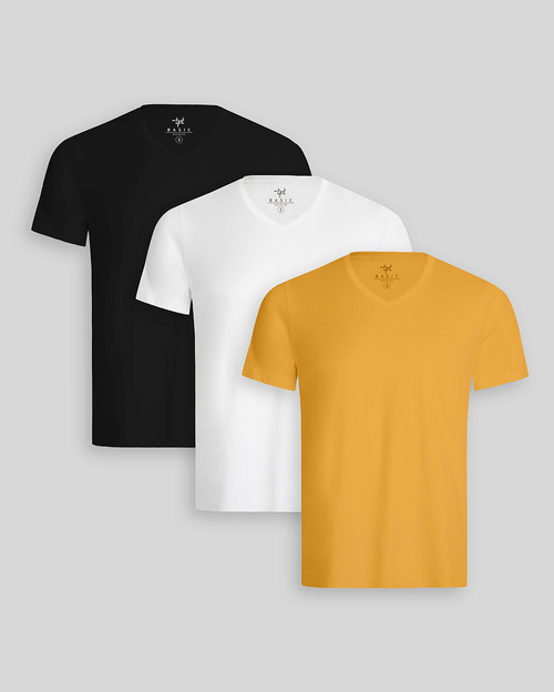 Pack de 3 polos Hombre Cuello V Blanco / Negro / Mostaza Golden