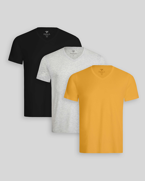 Pack de 3 polos Hombre Cuello V Gris Poly / Negro / Mostaza Golden