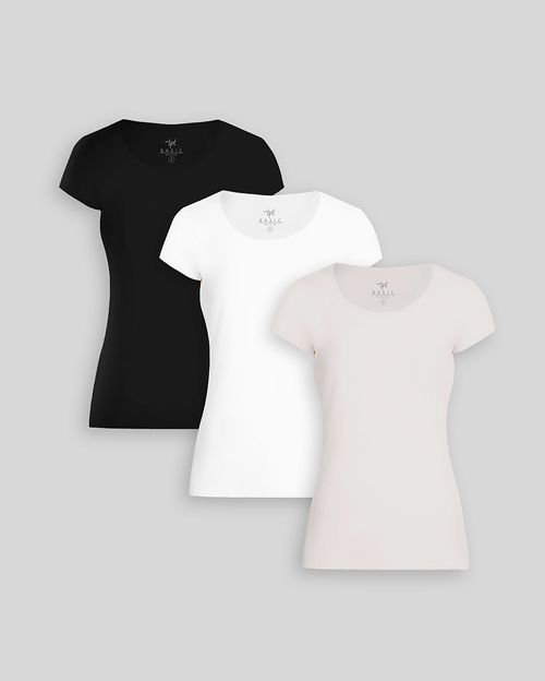 Pack de 3 polos Mujer Cuello Redondo Blanco / Coco Melange / Negro