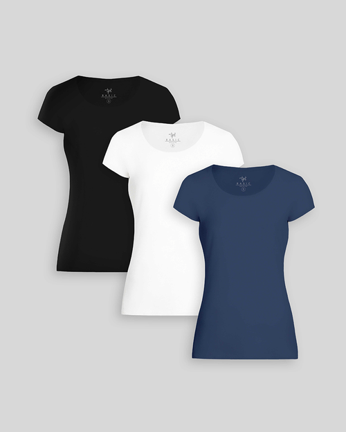 Pack de 3 polos Mujer Cuello Redondo Blanco / Negro / Azul Atlantico