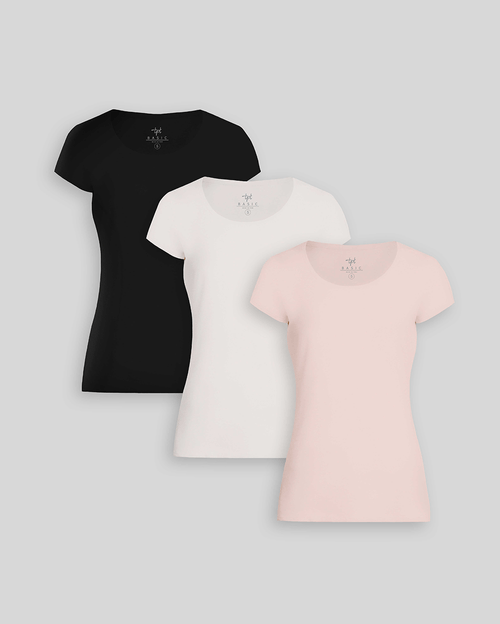 Pack de 3 polos Mujer Cuello Redondo Coco Melange / Negro / Rosado