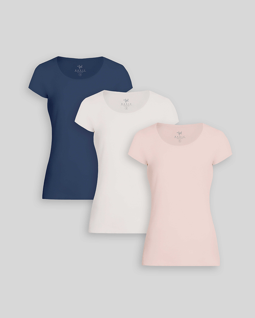 Pack de 3 polos Mujer Cuello Redondo Coco Melange / Azul Atlantico / Rosado
