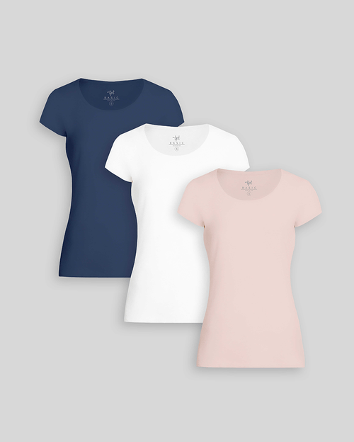 Pack de 3 polos Mujer Cuello Redondo Blanco / Azul Atlantico / Rosado