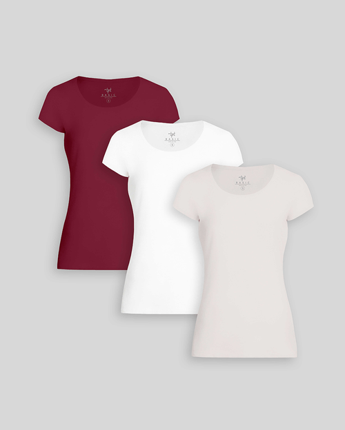 Pack de 3 polos Mujer Cuello Redondo Blanco / Coco Melange / Borgoña
