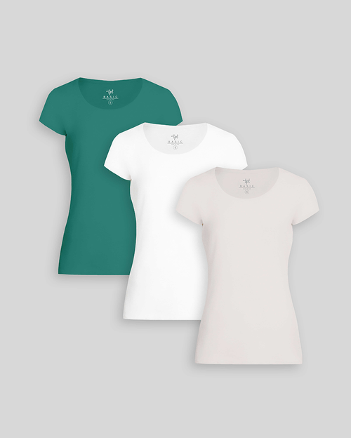 Pack de 3 polos Mujer Cuello Redondo Blanco / Coco Melange / Verde Cali