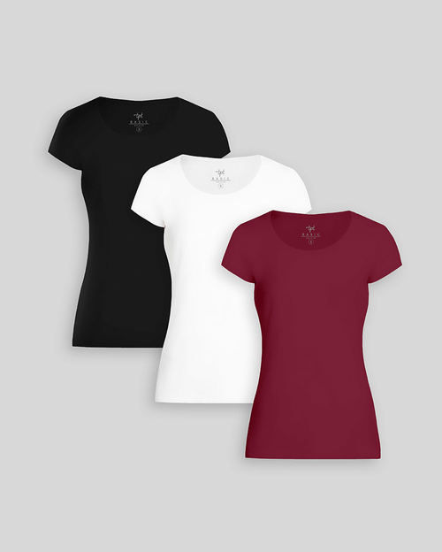 Pack de 3 polos Mujer Cuello Redondo Blanco / Negro / Borgoña