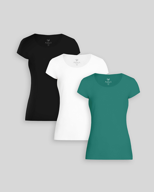 Pack de 3 polos Mujer Cuello Redondo Blanco / Negro / Verde Cali