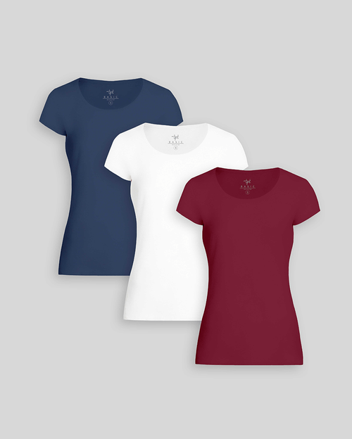 Pack de 3 polos Mujer Cuello Redondo Blanco / Azul Atlantico / Borgoña