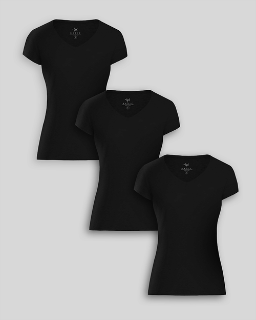 Pack de 3 polos Mujer Cuello V Negro