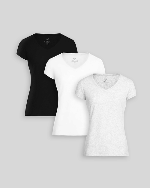 Pack de 3 polos Mujer Cuello V Blanco / Níquel Poly Htr / Negro