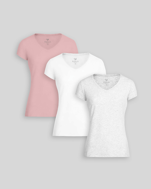 Pack de 3 polos Mujer Cuello V Blanco / Níquel Poly Htr / Rosa Barbie