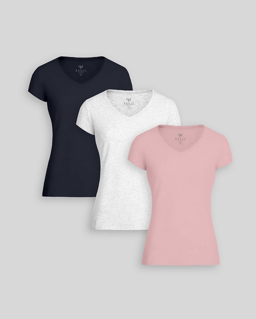 Pack de 3 polos Mujer Cuello V Níquel Poly Htr / Azul Dutty / Rosa Barbie