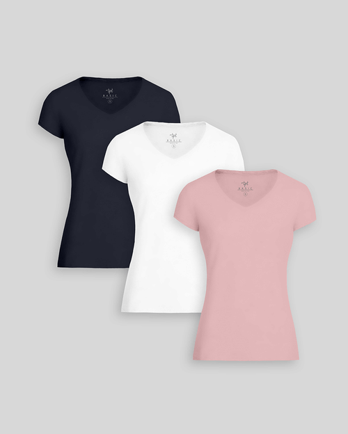 Pack de 3 polos Mujer Cuello V Blanco / Azul Dutty / Rosa Barbie
