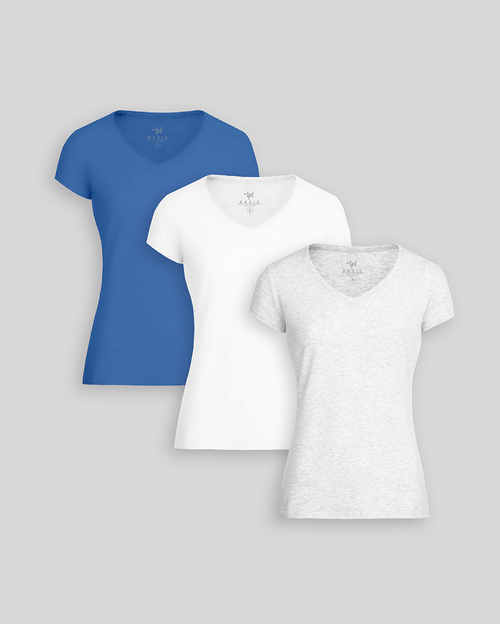 Pack de 3 polos Mujer Cuello V Blanco / Níquel Poly Htr / Azulino