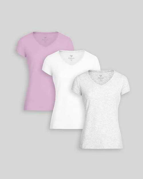 Pack de 3 polos Mujer Cuello V Blanco / Níquel Poly Htr / Lila