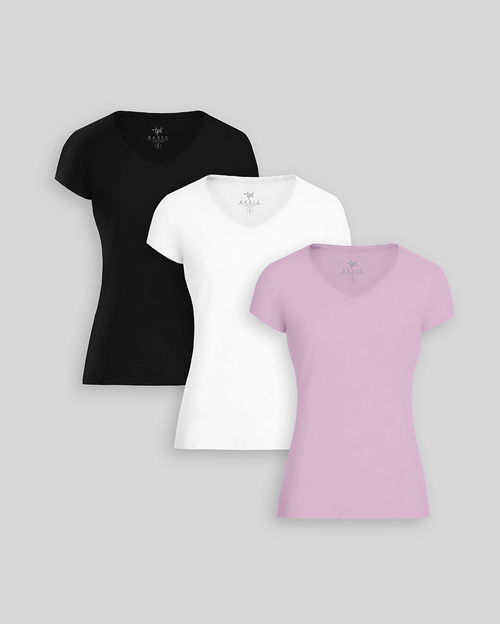 Pack de 3 polos Mujer Cuello V Blanco / Negro / Lila