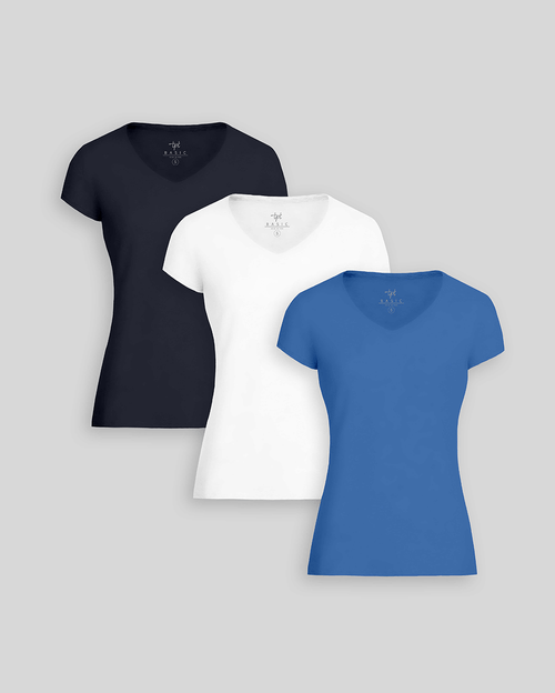 Pack de 3 polos Mujer Cuello V Blanco / Azul Dutty / Azulino