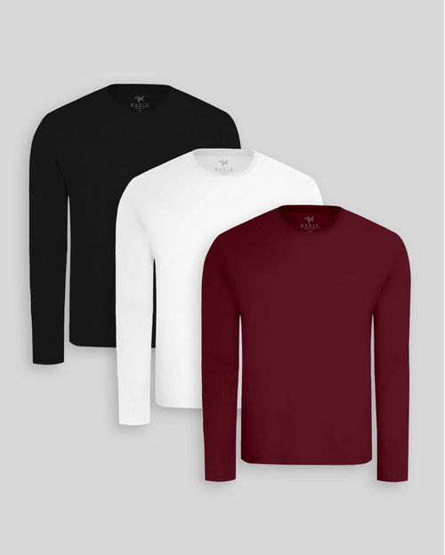Pack de 3 polos manga larga Blanco Optico / Negro / Guinda Sombra