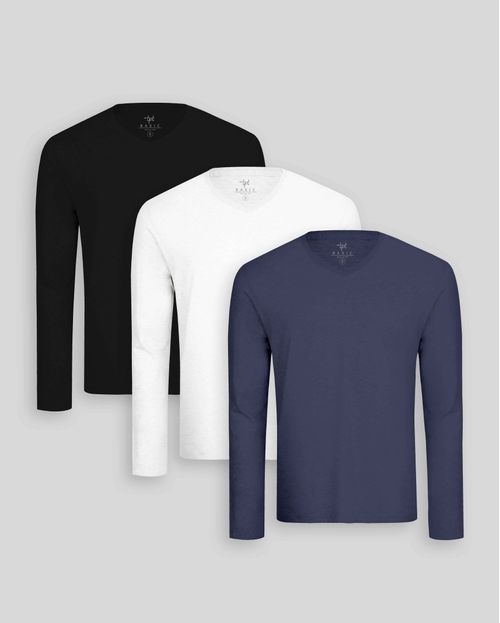 Pack de 3 polos manga larga Cuello V Blanco Optico / Negro / Azul Oxford