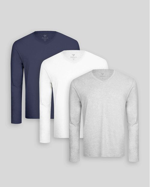 Pack de 3 polos manga larga Cuello V Blanco Optico / Gris Poly / Azul Oxford