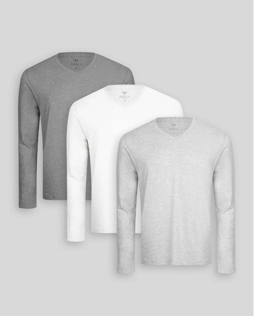 Pack de 3 polos manga larga Cuello V Blanco Optico / Gris Poly / Plomo Melange
