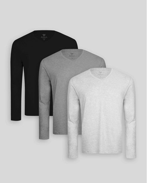 Pack de 3 polos manga larga Cuello V Gris Poly / Negro / Plomo Melange