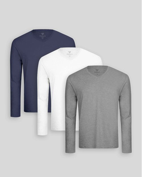 Pack de 3 polos manga larga Cuello V Blanco Optico / Azul Oxford / Plomo Melange