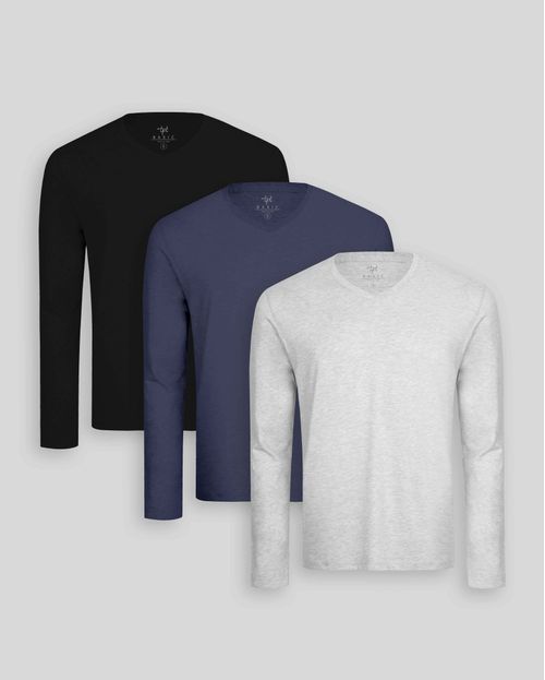 Pack de 3 polos manga larga Cuello V Gris Poly / Negro / Azul Oxford