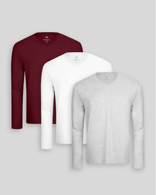 Pack de 3 polos manga larga Cuello V Blanco Optico / Gris Poly / Guinda Sombra