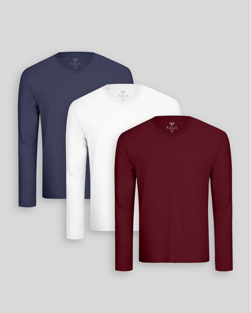 Pack de 3 polos manga larga Cuello V Blanco Optico / Azul Oxford / Guinda Sombra