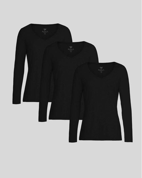 Pack de 3 polos manga larga Cuello V Core Negro