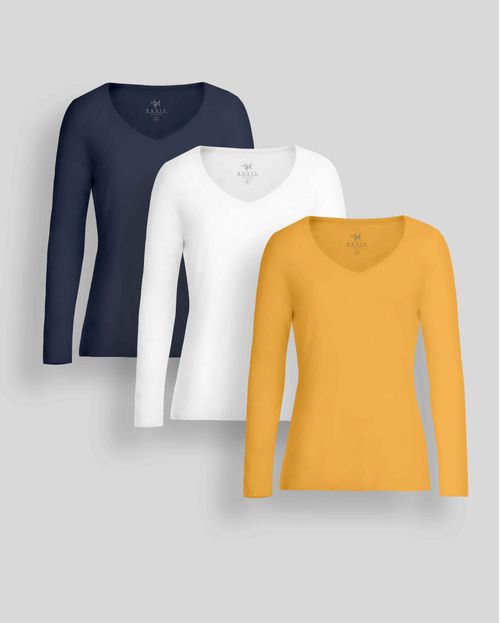 Pack de 3 polos manga larga Blanco / Azul Dutty / Mostaza Brillante