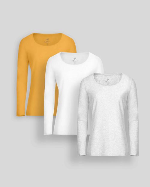 Pack de 3 polos manga larga Cuello V Blanco / Niquel Poly / Mostaza Brillante
