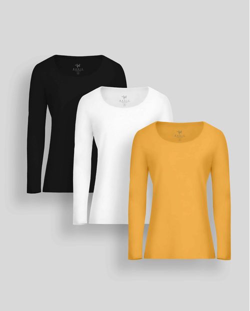 Pack de 3 polos manga larga Cuello V Blanco / Negro / Mostaza Brillante
