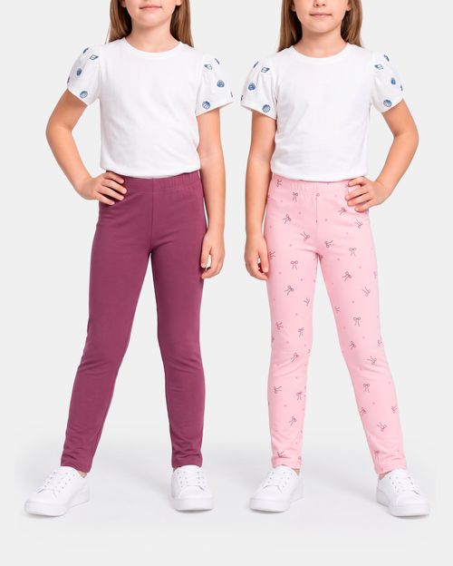Legging Pack Color Solido + Estampado Full Cobertura Niña Bella Rosemen/Malva Deco